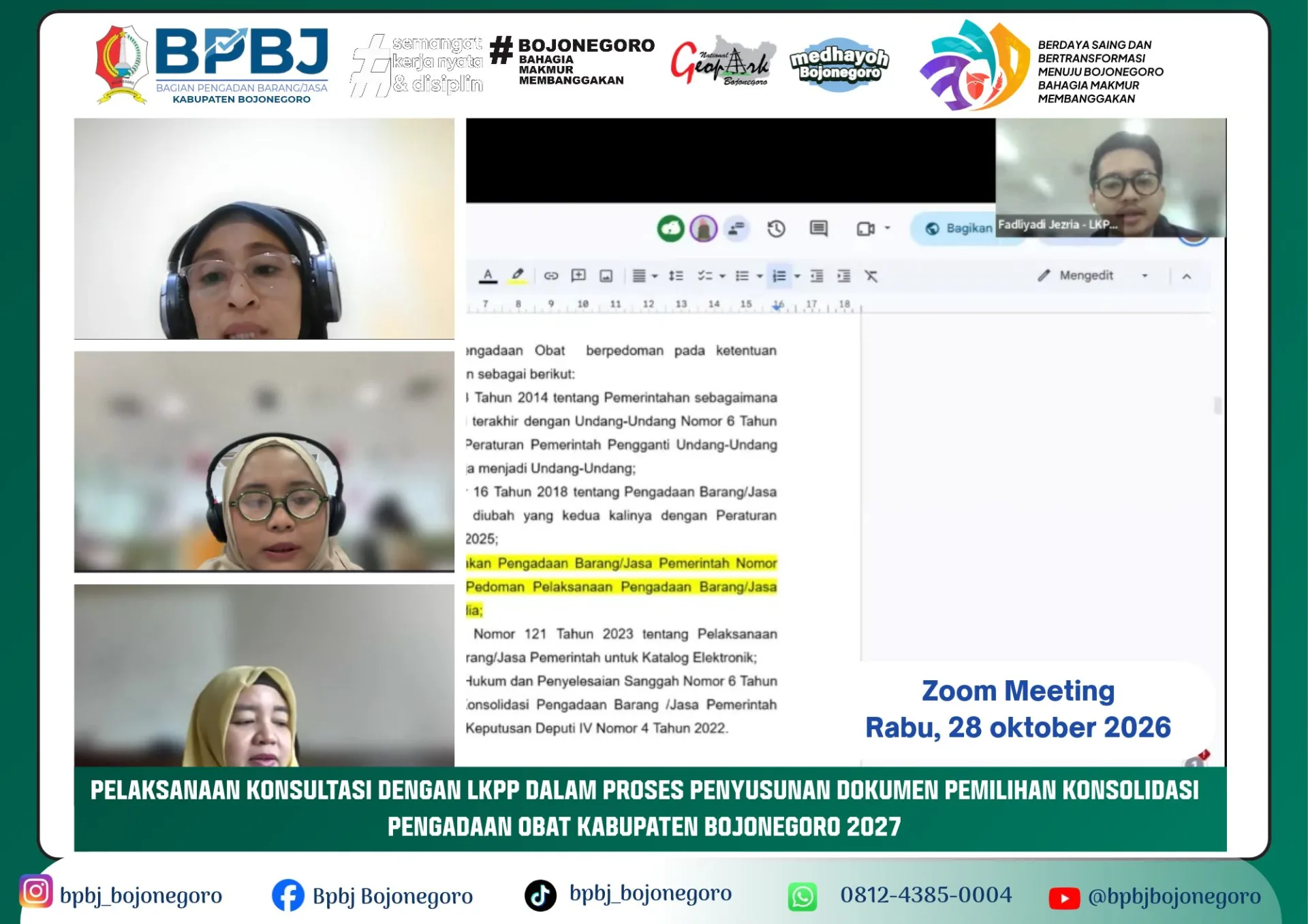 Pelaksanaan Konsultasi dengan LKPP dalam proses penyusunan Dokumen Pemilihan Konsolidasi Pengadaan Obat Kabupaten Bojonegoro 2027