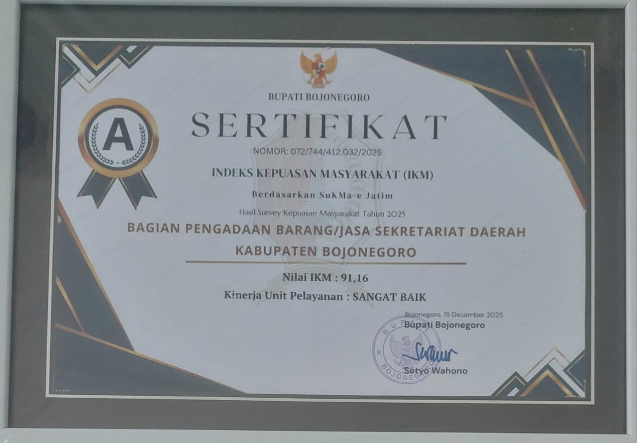 Nilai Indeks Kepuasan Masyarakat (IKM) tahun 2025 Bagian Pengadaan Barang/Jasa Kab. Bojonegoro