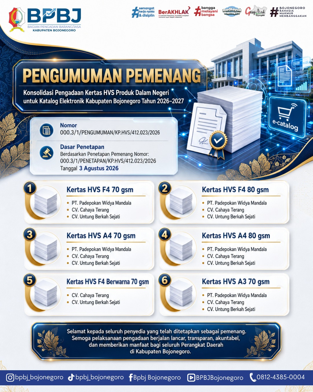 Pengumuman Pemenang Konsolidasi Pengadaan Kertas HVS PDN Katalog Elektronik Kab.Bojonegoro 2026-2027